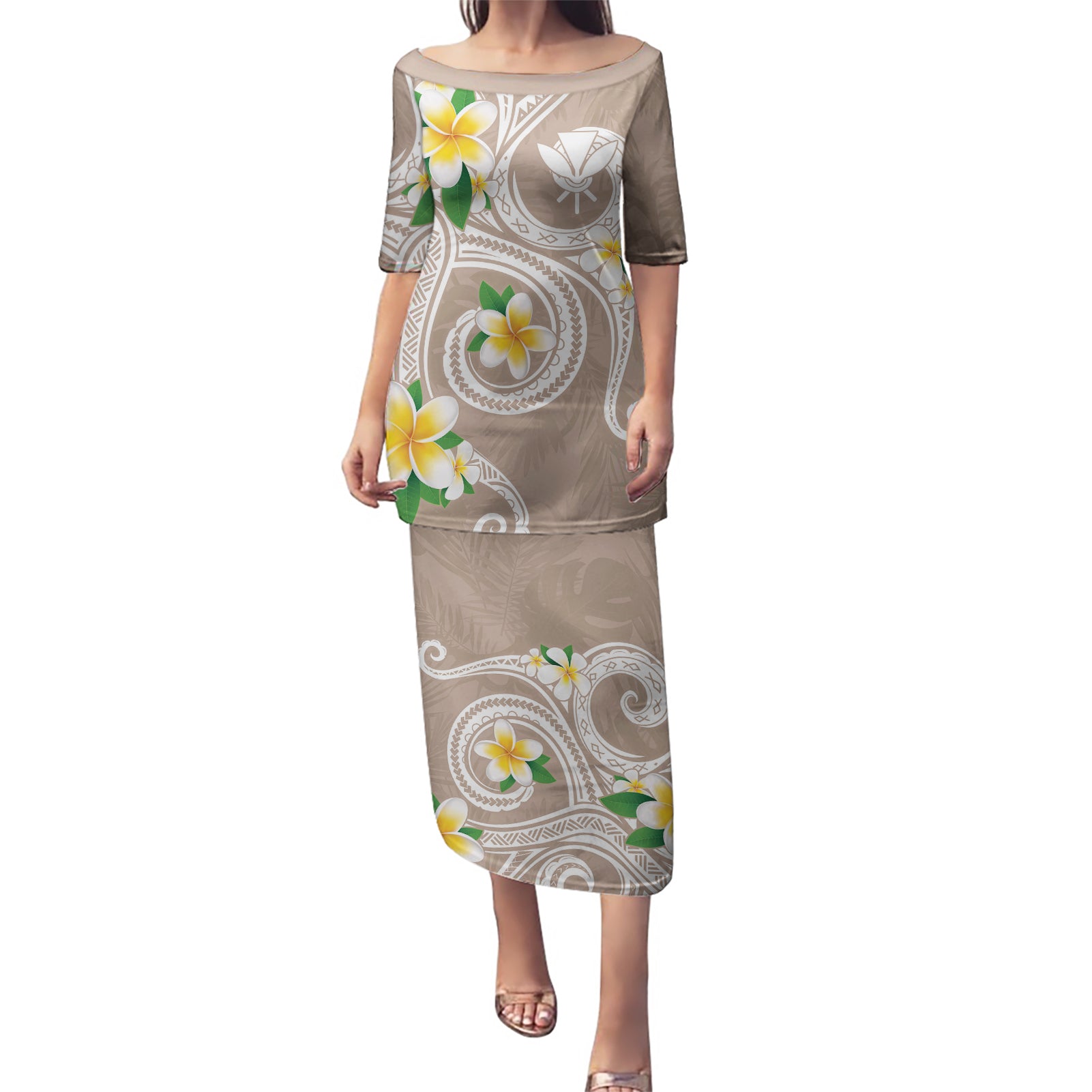 Kanaka Maoli Hawaii Plumeria Puletasi Dancing Tentacles Beige Style