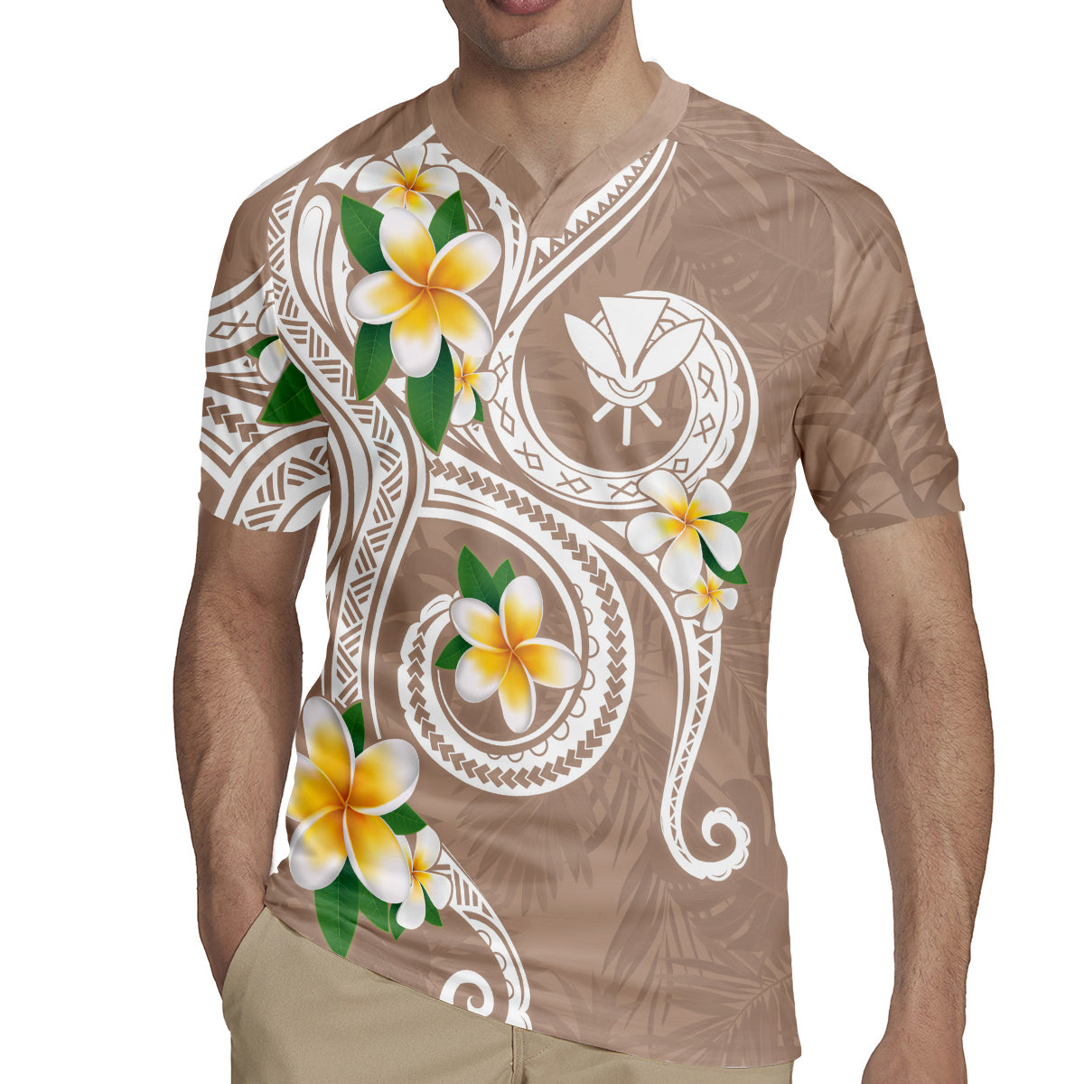Kanaka Maoli Hawaii Plumeria Rugby Jersey Dancing Tentacles Beige Style