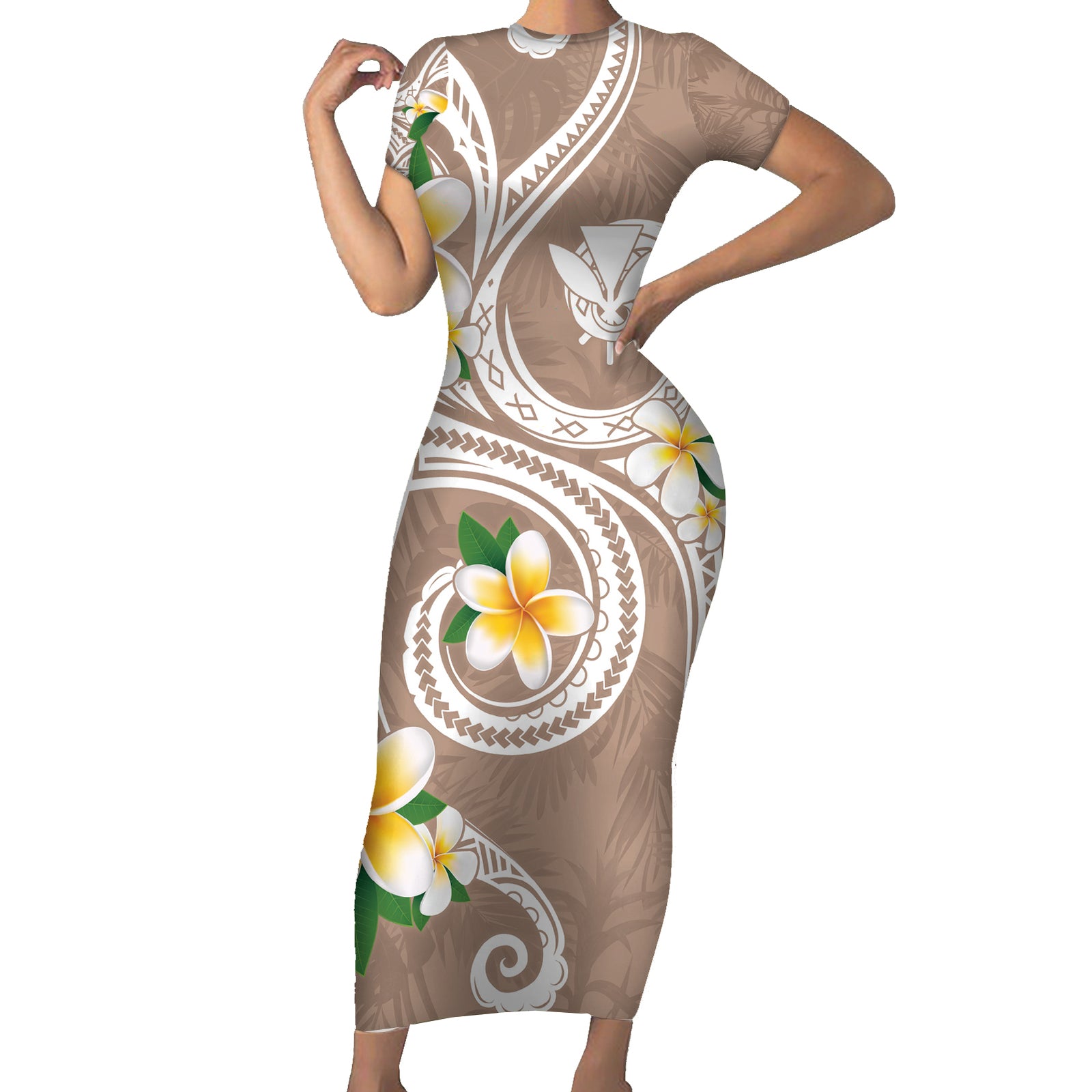 Kanaka Maoli Hawaii Plumeria Short Sleeve Bodycon Dress Dancing Tentacles Beige Style