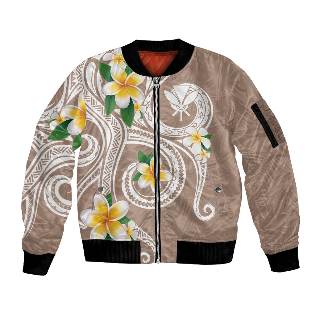 Kanaka Maoli Hawaii Plumeria Sleeve Zip Bomber Jacket Dancing Tentacles Beige Style LT7 Unisex Beige - Polynesian Pride