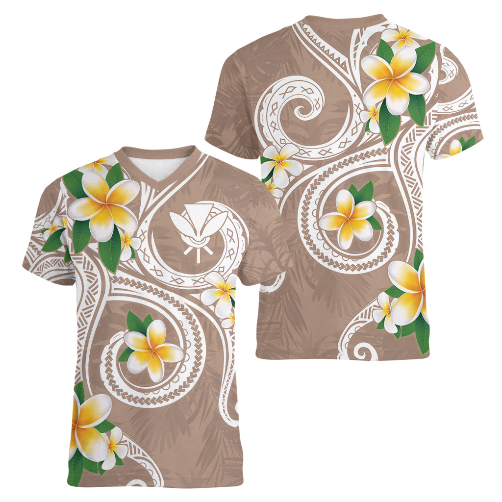 Kanaka Maoli Hawaii Plumeria Women V-Neck T-Shirt Dancing Tentacles Beige Style