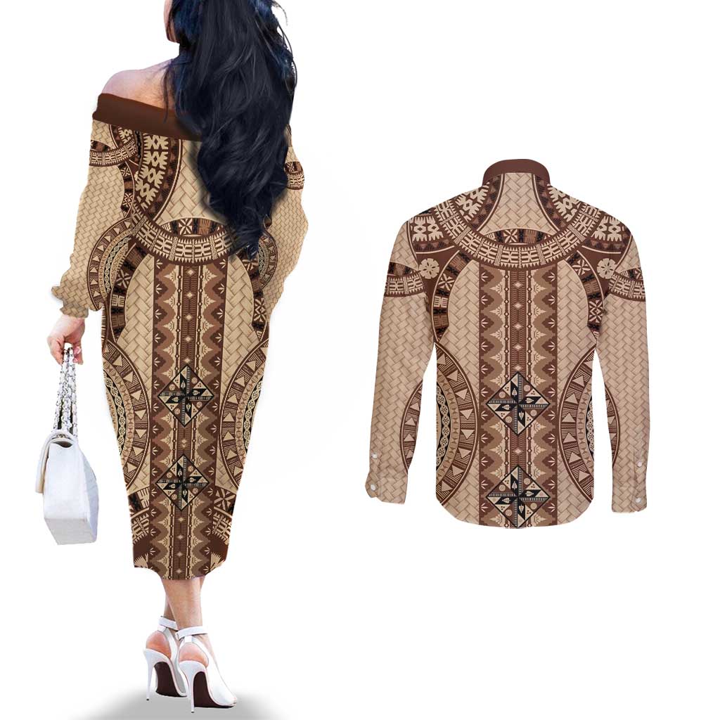 Bula Fiji Vintage Couples Matching Off The Shoulder Long Sleeve Dress and Long Sleeve Button Shirt Brown Masi Motifs