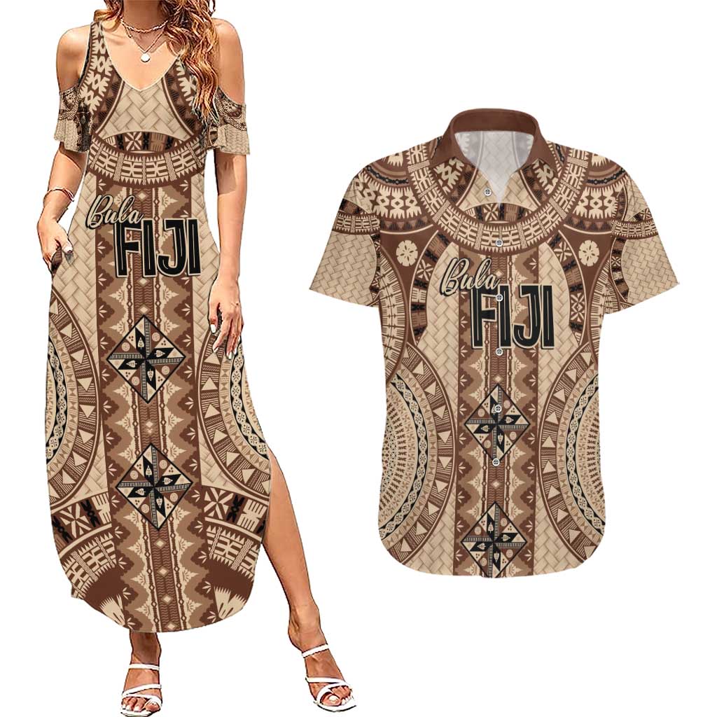 Bula Fiji Vintage Couples Matching Summer Maxi Dress and Hawaiian Shirt Brown Masi Motifs