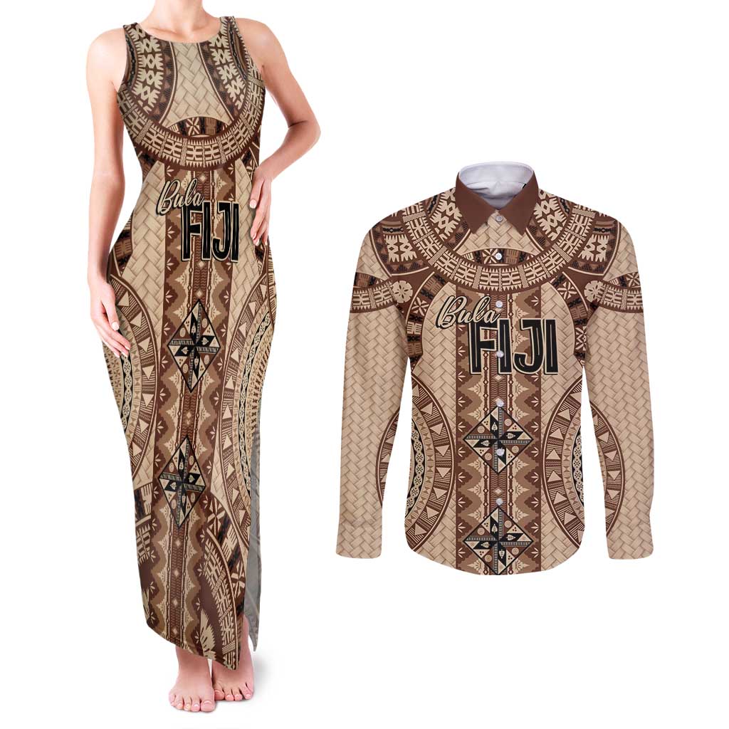Bula Fiji Vintage Couples Matching Tank Maxi Dress and Long Sleeve Button Shirt Brown Masi Motifs