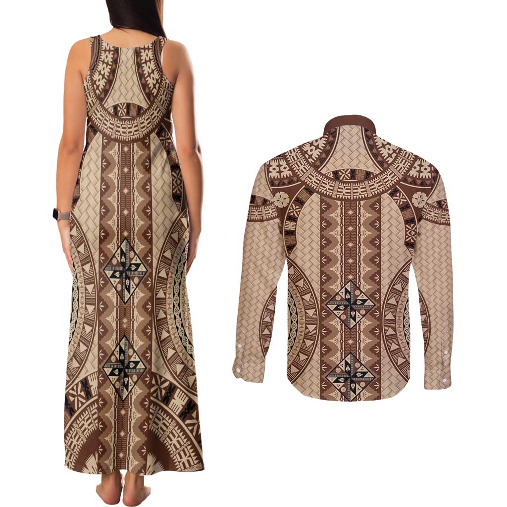 Bula Fiji Vintage Couples Matching Tank Maxi Dress and Long Sleeve Button Shirt Brown Masi Motifs