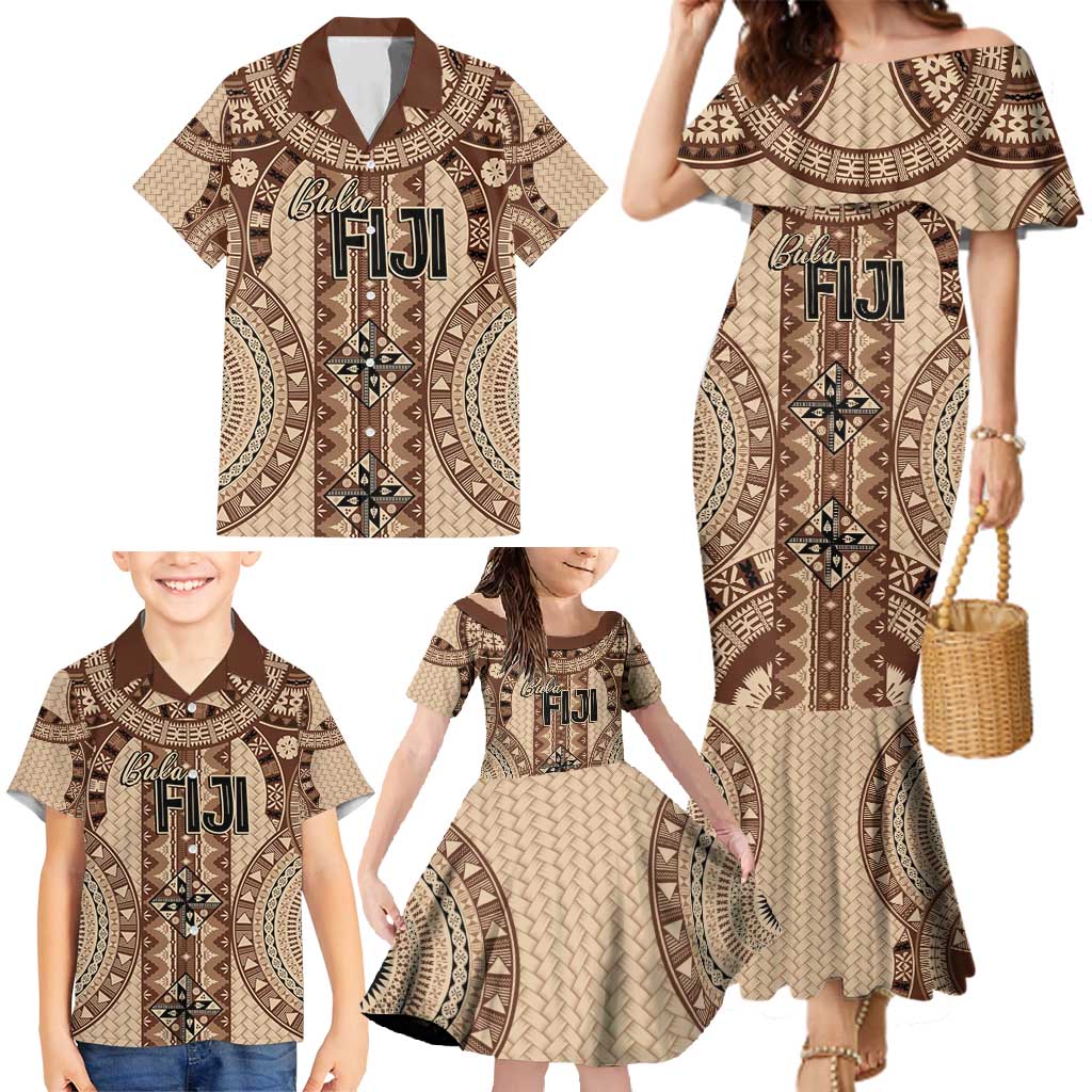 Bula Fiji Vintage Family Matching Mermaid Dress and Hawaiian Shirt Brown Masi Motifs
