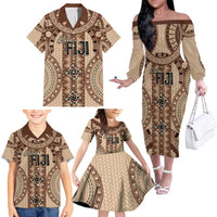 Bula Fiji Vintage Family Matching Off The Shoulder Long Sleeve Dress and Hawaiian Shirt Brown Masi Motifs