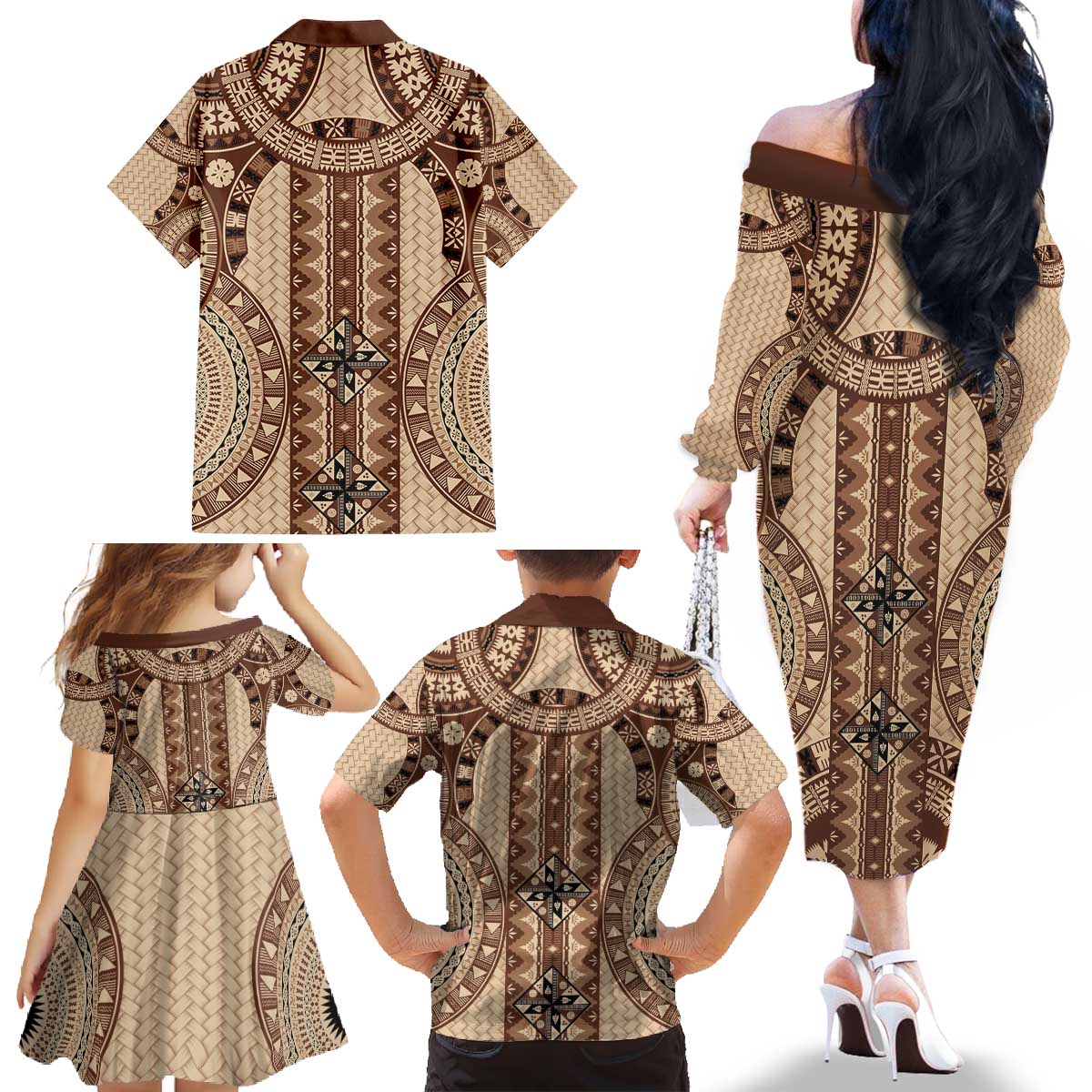 Bula Fiji Vintage Family Matching Off The Shoulder Long Sleeve Dress and Hawaiian Shirt Brown Masi Motifs