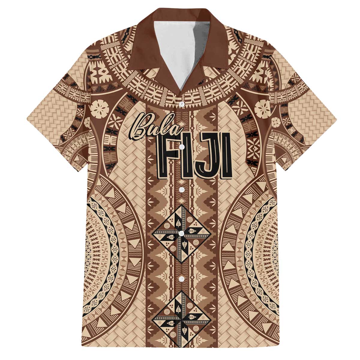 Bula Fiji Vintage Family Matching Off The Shoulder Long Sleeve Dress and Hawaiian Shirt Brown Masi Motifs