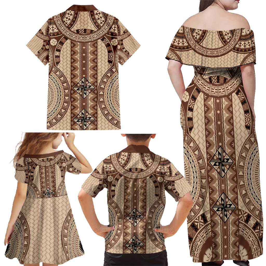 Bula Fiji Vintage Family Matching Off Shoulder Maxi Dress and Hawaiian Shirt Brown Masi Motifs