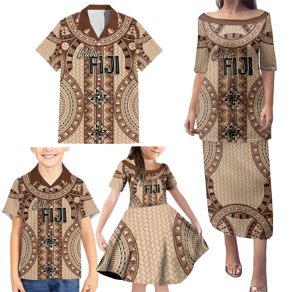 Bula Fiji Vintage Family Matching Puletasi and Hawaiian Shirt Brown Masi Motifs