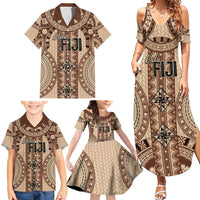 Bula Fiji Vintage Family Matching Summer Maxi Dress and Hawaiian Shirt Brown Masi Motifs