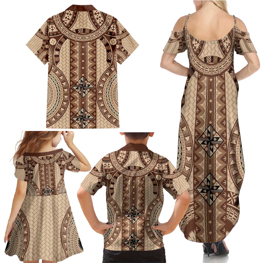 Bula Fiji Vintage Family Matching Summer Maxi Dress and Hawaiian Shirt Brown Masi Motifs