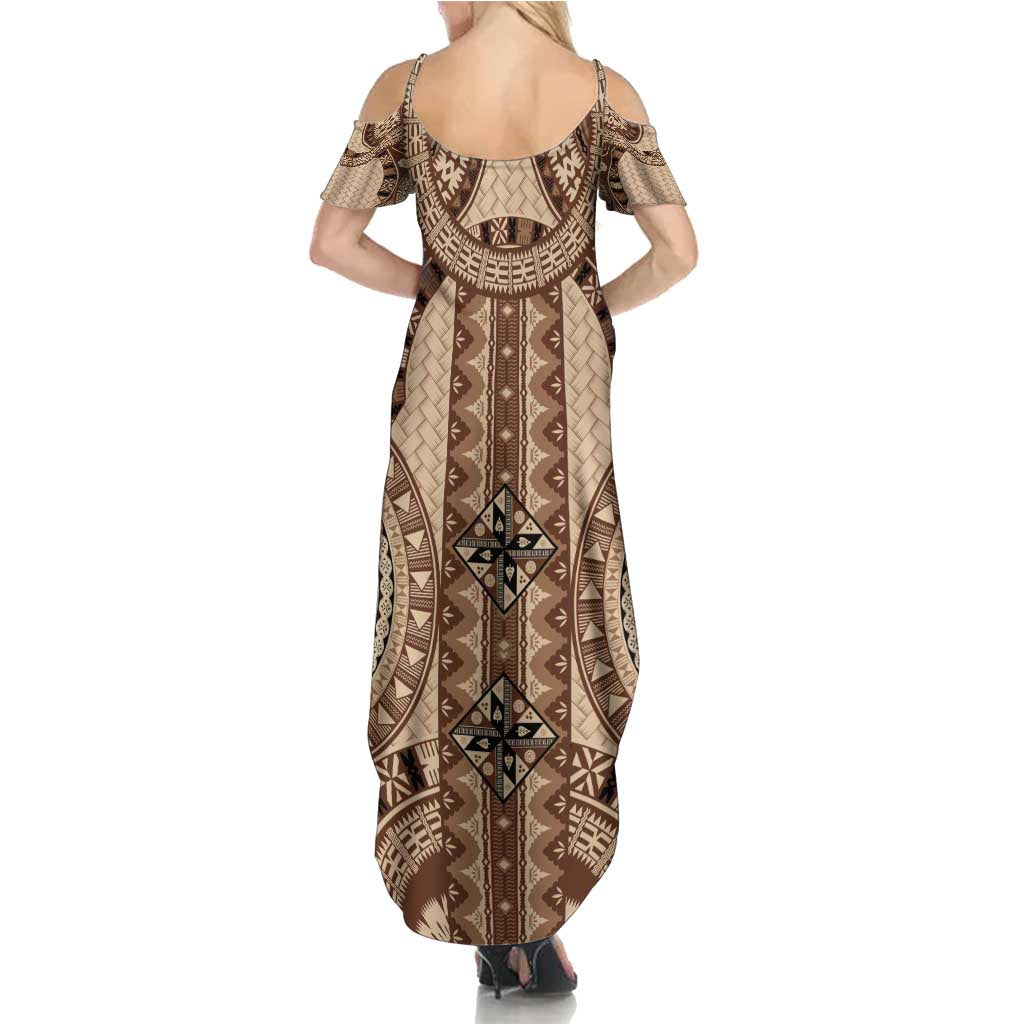 Bula Fiji Vintage Family Matching Summer Maxi Dress and Hawaiian Shirt Brown Masi Motifs