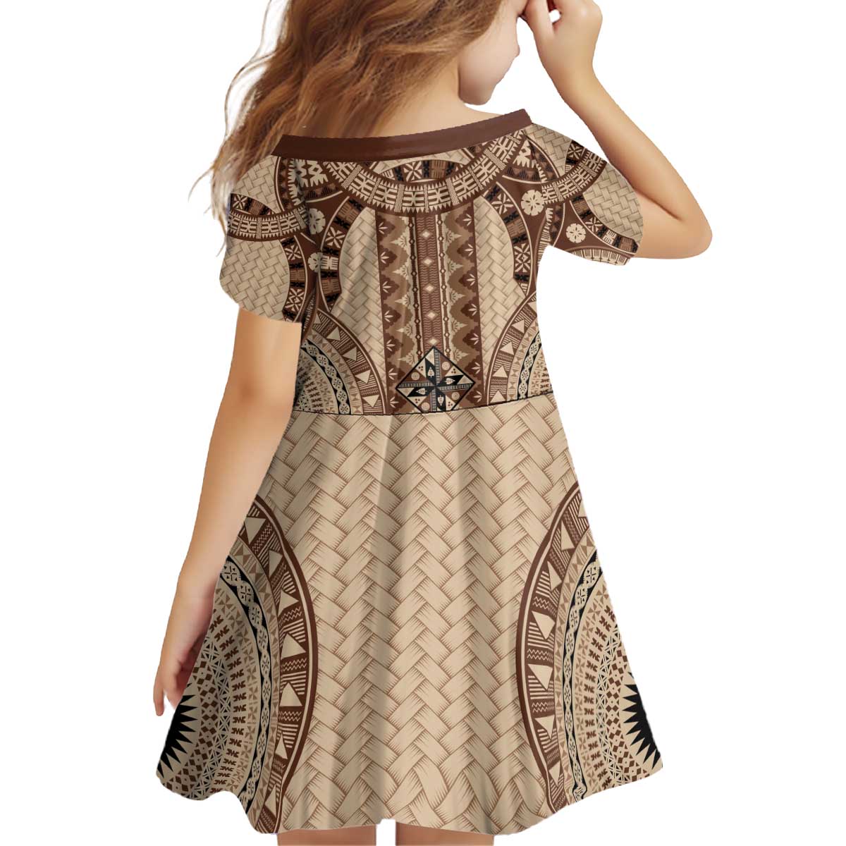 Bula Fiji Vintage Kid Short Sleeve Dress Brown Masi Motifs