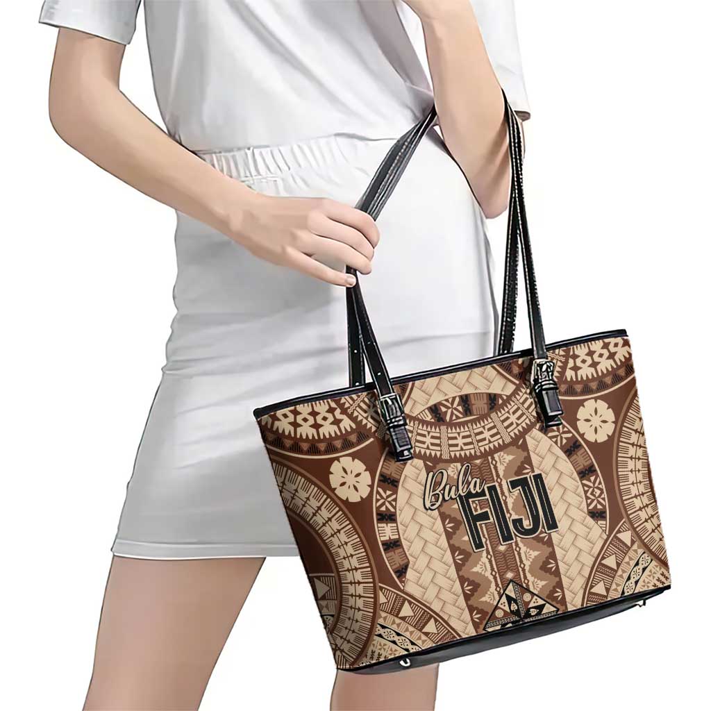 Bula Fiji Vintage Leather Tote Bag Brown Masi Motifs LT7 - Polynesian Pride