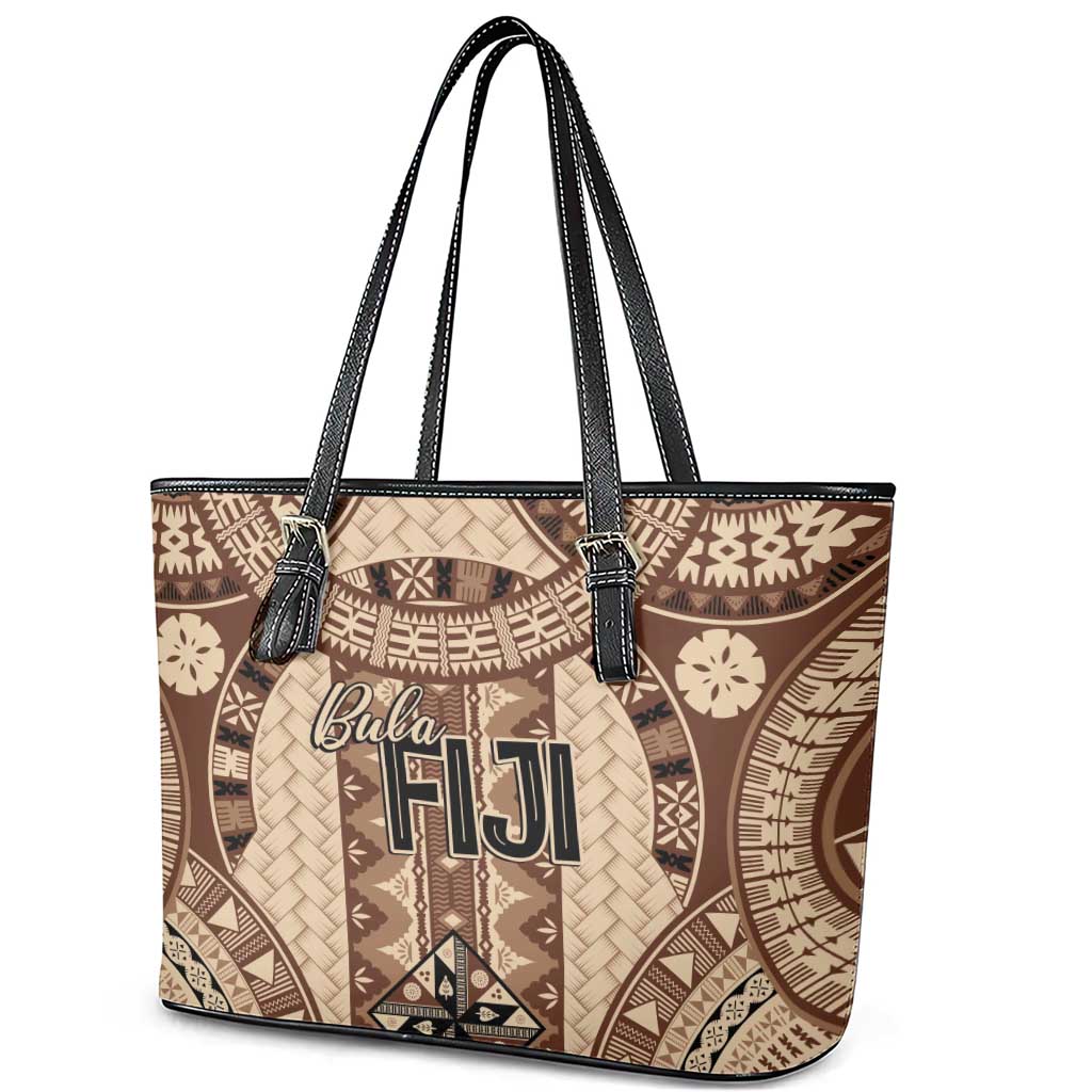 Bula Fiji Vintage Leather Tote Bag Brown Masi Motifs LT7 - Polynesian Pride