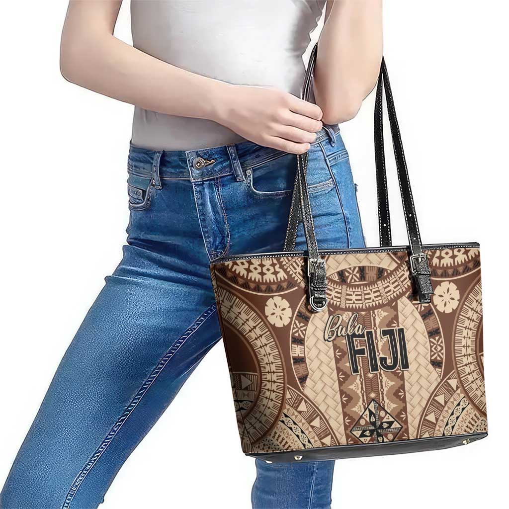 Bula Fiji Vintage Leather Tote Bag Brown Masi Motifs LT7 - Polynesian Pride