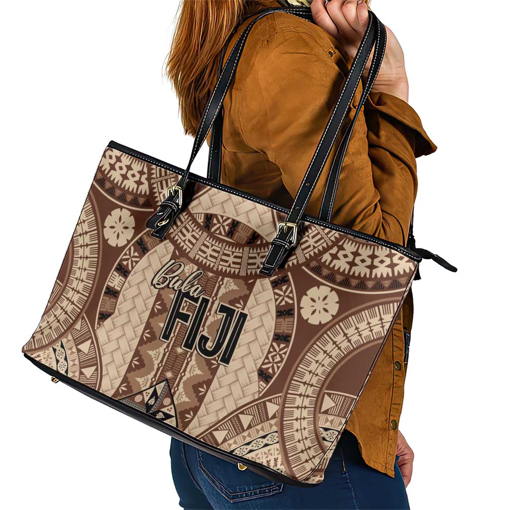 Bula Fiji Vintage Leather Tote Bag Brown Masi Motifs LT7 - Polynesian Pride