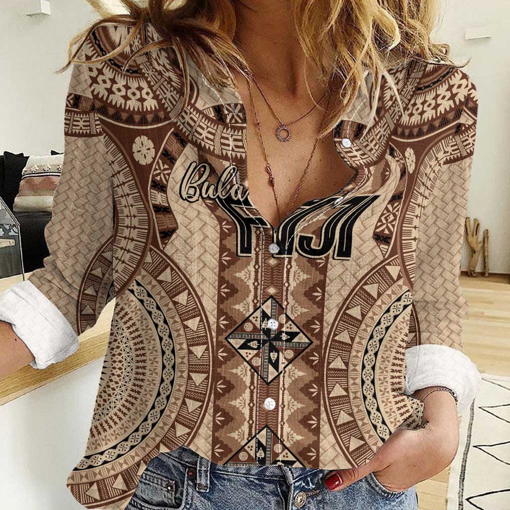 Bula Fiji Vintage Women Casual Shirt Brown Masi Motifs