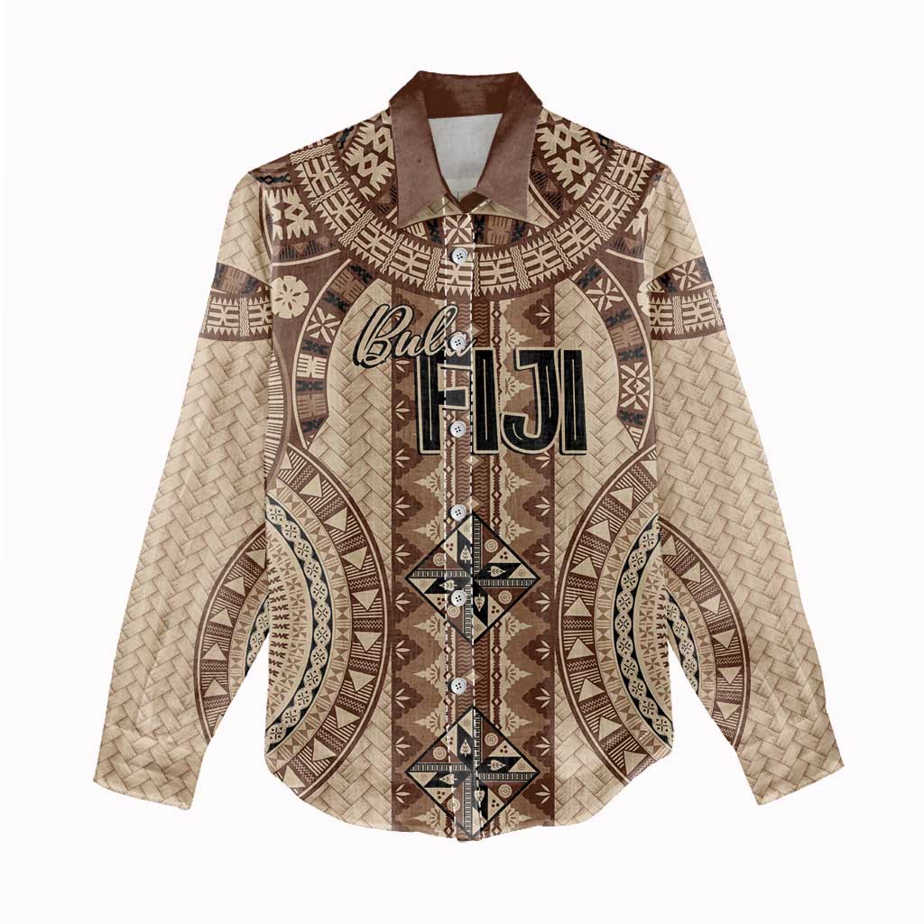Bula Fiji Vintage Women Casual Shirt Brown Masi Motifs