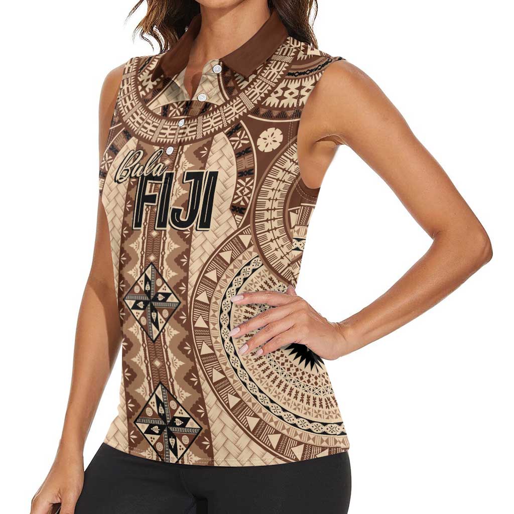 Bula Fiji Vintage Women Sleeveless Polo Shirt Brown Masi Motifs