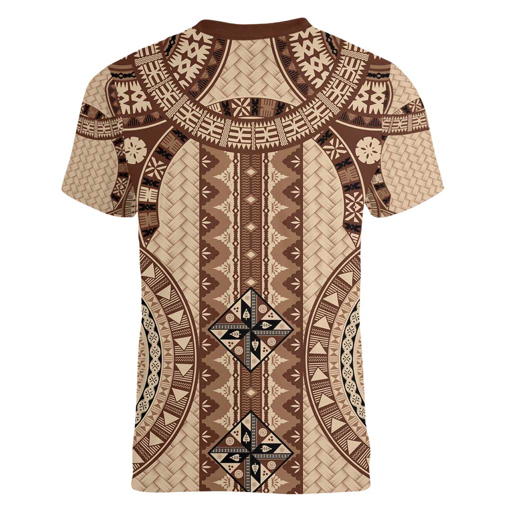 Bula Fiji Vintage Women V-Neck T-Shirt Brown Masi Motifs