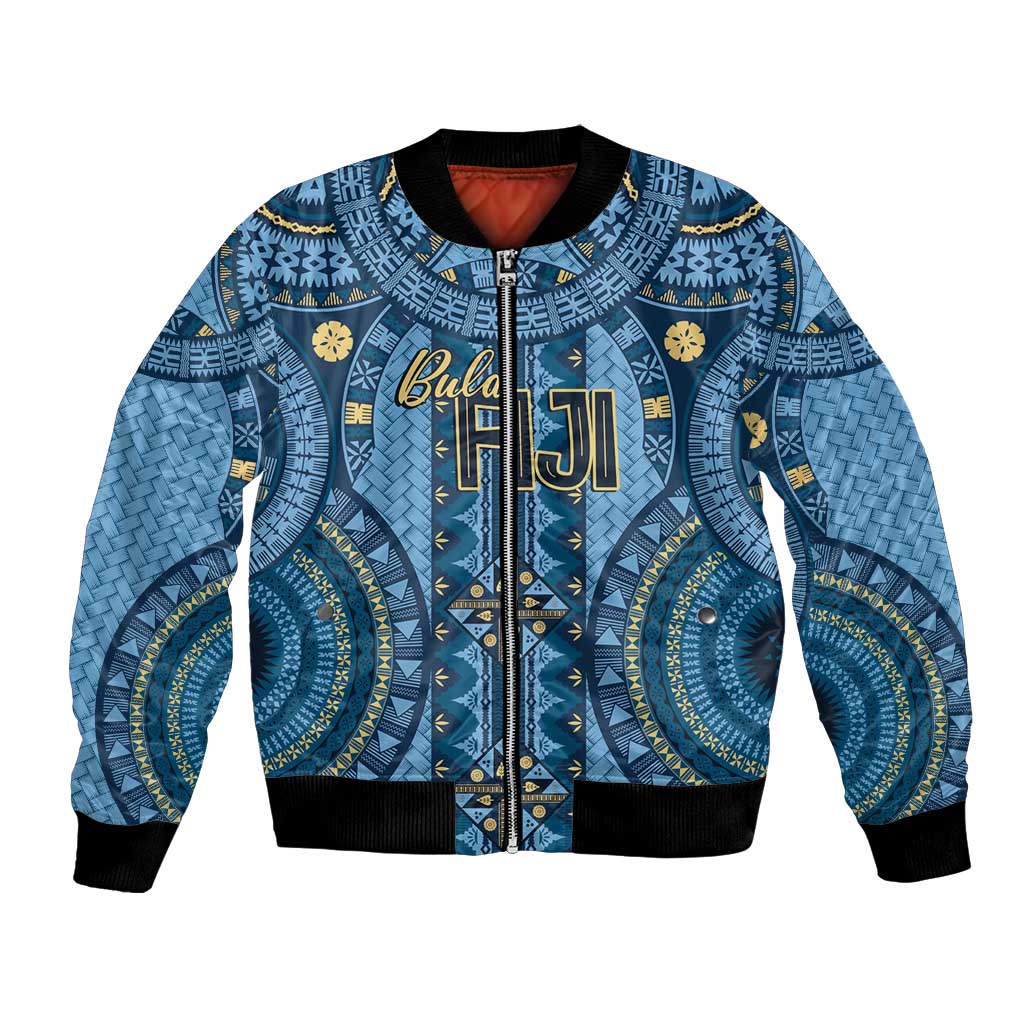 Bula Fiji Vintage Bomber Jacket Prussian Blue Masi Motifs LT7 Unisex Prussian Blue - Polynesian Pride