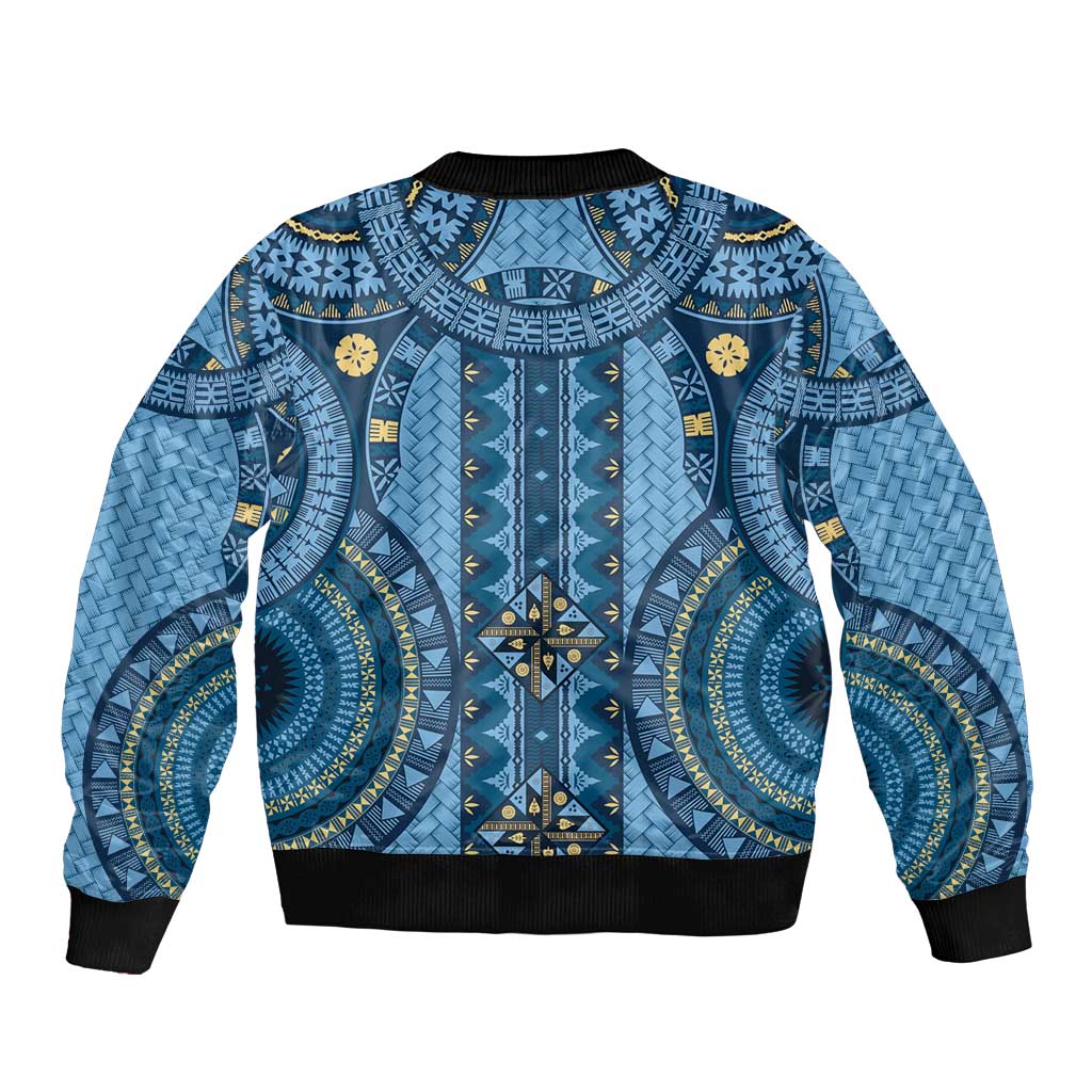 Bula Fiji Vintage Bomber Jacket Prussian Blue Masi Motifs LT7 - Polynesian Pride