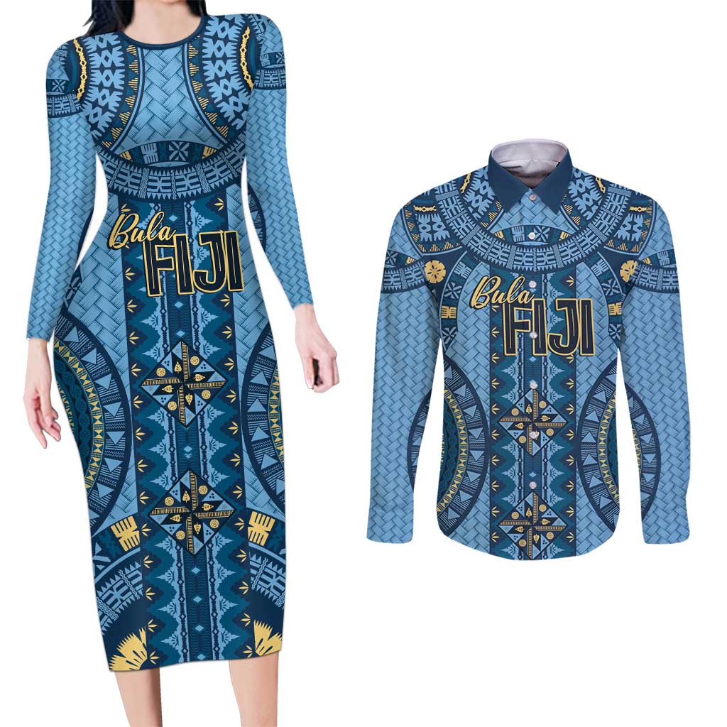 Bula Fiji Vintage Couples Matching Long Sleeve Bodycon Dress and Long Sleeve Button Shirt Prussian Blue Masi Motifs