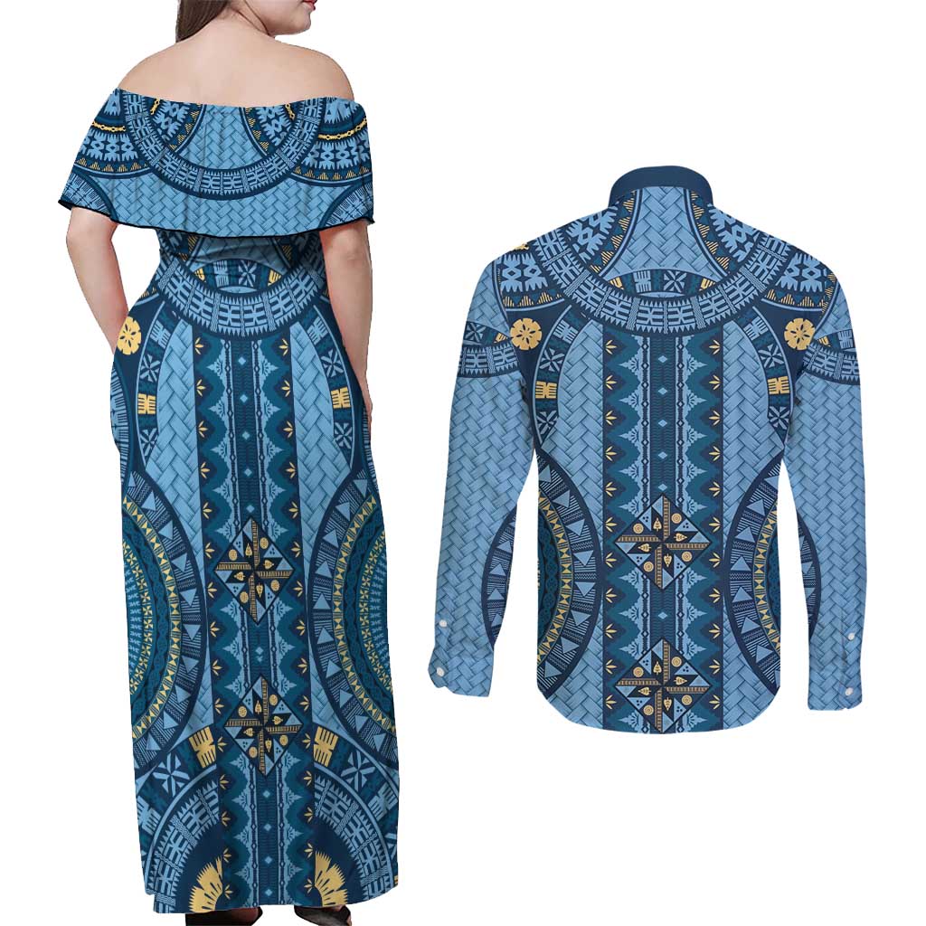 Bula Fiji Vintage Couples Matching Off Shoulder Maxi Dress and Long Sleeve Button Shirt Prussian Blue Masi Motifs