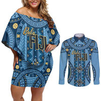 Bula Fiji Vintage Couples Matching Off Shoulder Short Dress and Long Sleeve Button Shirt Prussian Blue Masi Motifs