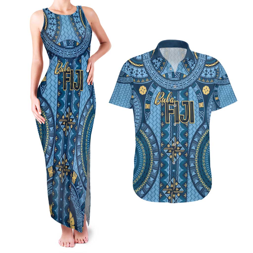Bula Fiji Vintage Couples Matching Tank Maxi Dress and Hawaiian Shirt Prussian Blue Masi Motifs