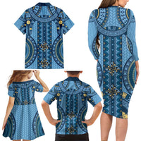 Bula Fiji Vintage Family Matching Long Sleeve Bodycon Dress and Hawaiian Shirt Prussian Blue Masi Motifs