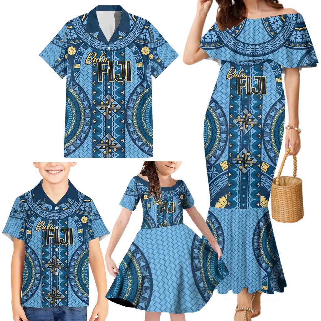 Bula Fiji Vintage Family Matching Mermaid Dress and Hawaiian Shirt Prussian Blue Masi Motifs