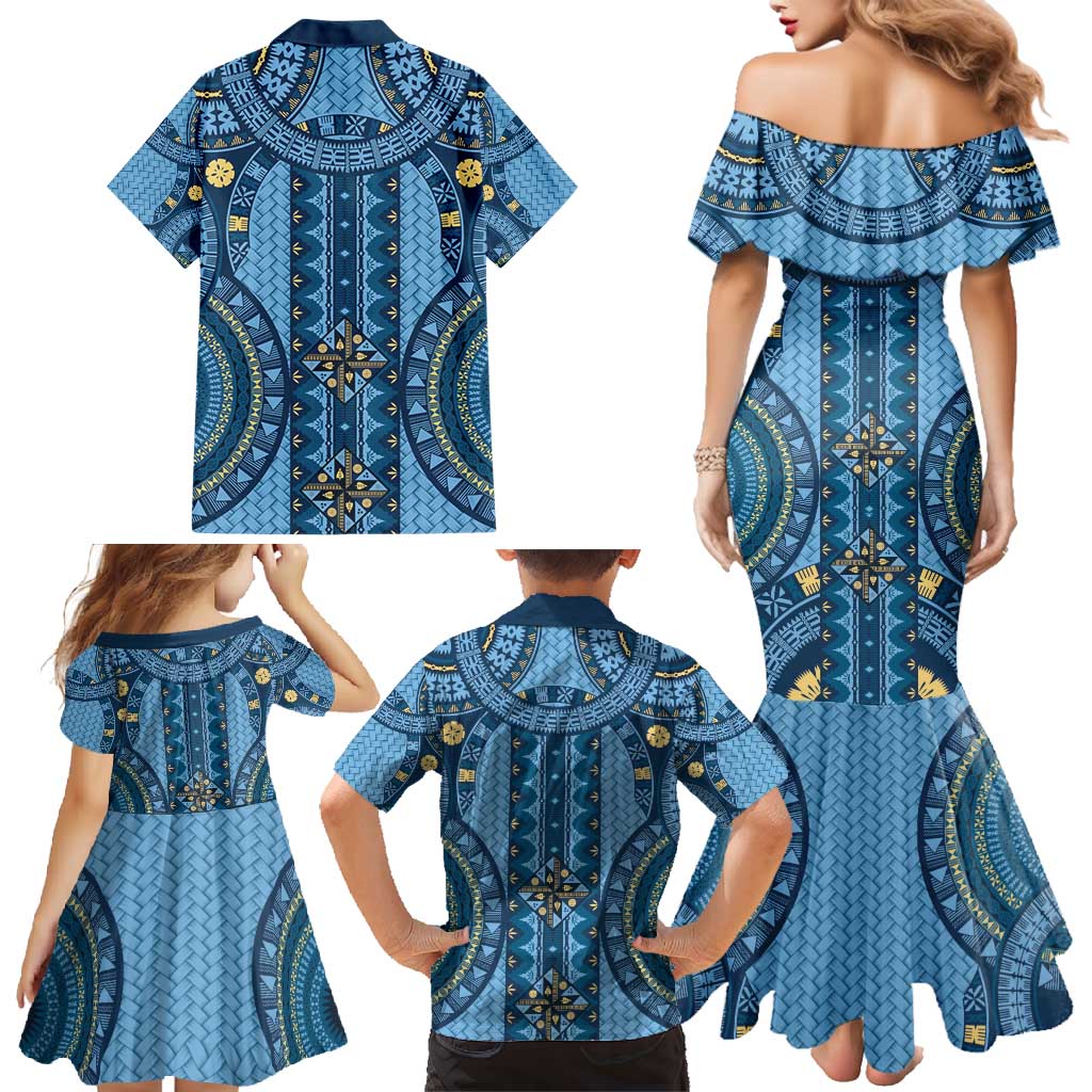 Bula Fiji Vintage Family Matching Mermaid Dress and Hawaiian Shirt Prussian Blue Masi Motifs