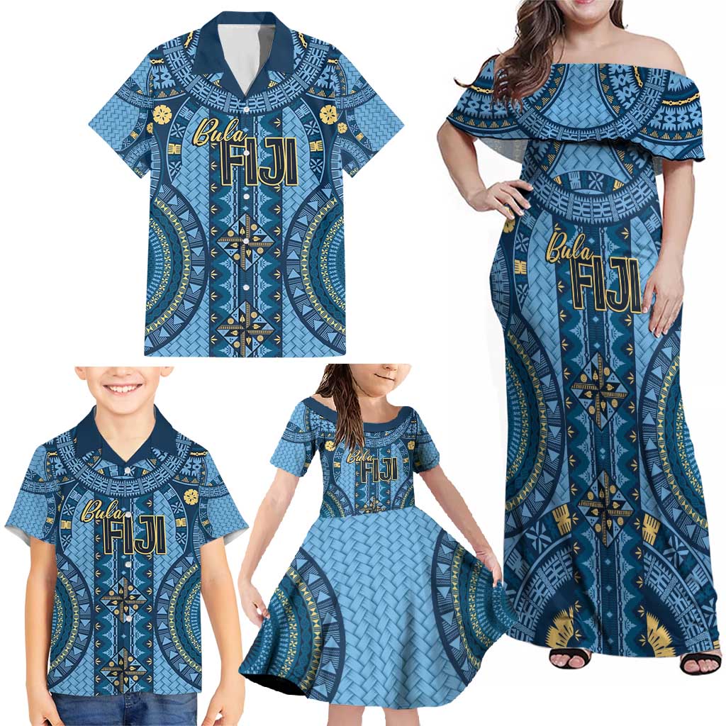 Bula Fiji Vintage Family Matching Off Shoulder Maxi Dress and Hawaiian Shirt Prussian Blue Masi Motifs