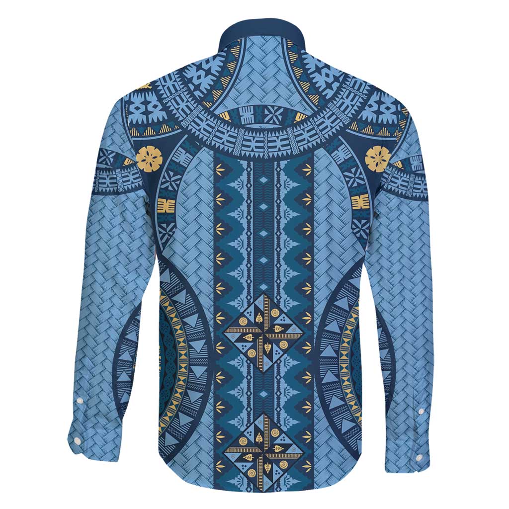 Bula Fiji Vintage Family Matching Off Shoulder Maxi Dress and Hawaiian Shirt Prussian Blue Masi Motifs