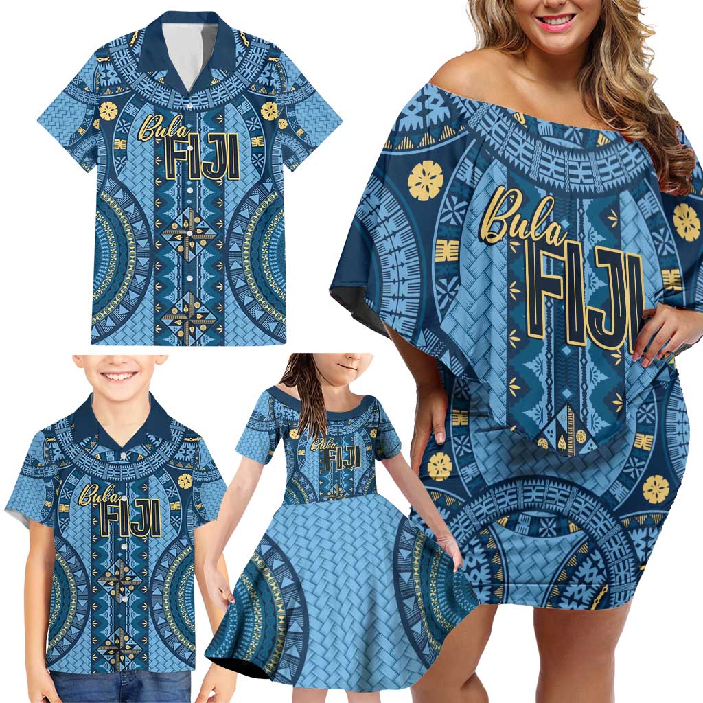 Bula Fiji Vintage Family Matching Off Shoulder Short Dress and Hawaiian Shirt Prussian Blue Masi Motifs