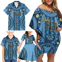 Bula Fiji Vintage Family Matching Off Shoulder Short Dress and Hawaiian Shirt Prussian Blue Masi Motifs