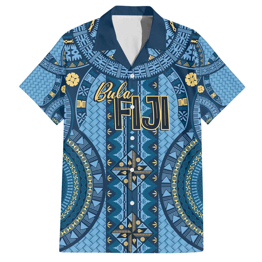 Bula Fiji Vintage Family Matching Off Shoulder Short Dress and Hawaiian Shirt Prussian Blue Masi Motifs