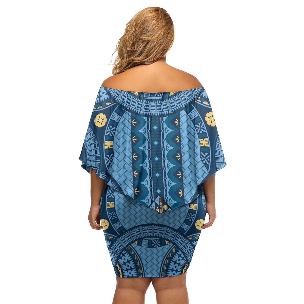 Bula Fiji Vintage Family Matching Off Shoulder Short Dress and Hawaiian Shirt Prussian Blue Masi Motifs