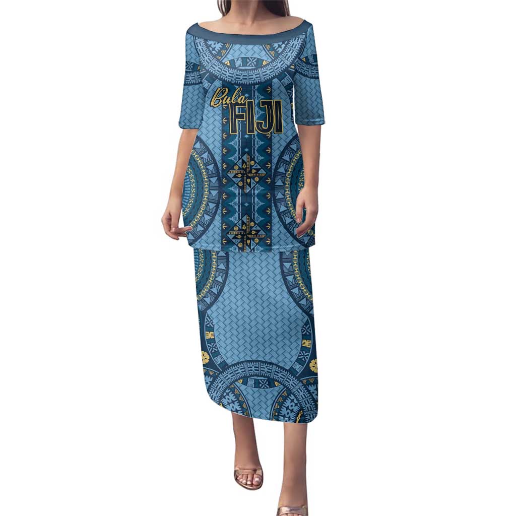 Bula Fiji Vintage Family Matching Puletasi and Hawaiian Shirt Prussian Blue Masi Motifs