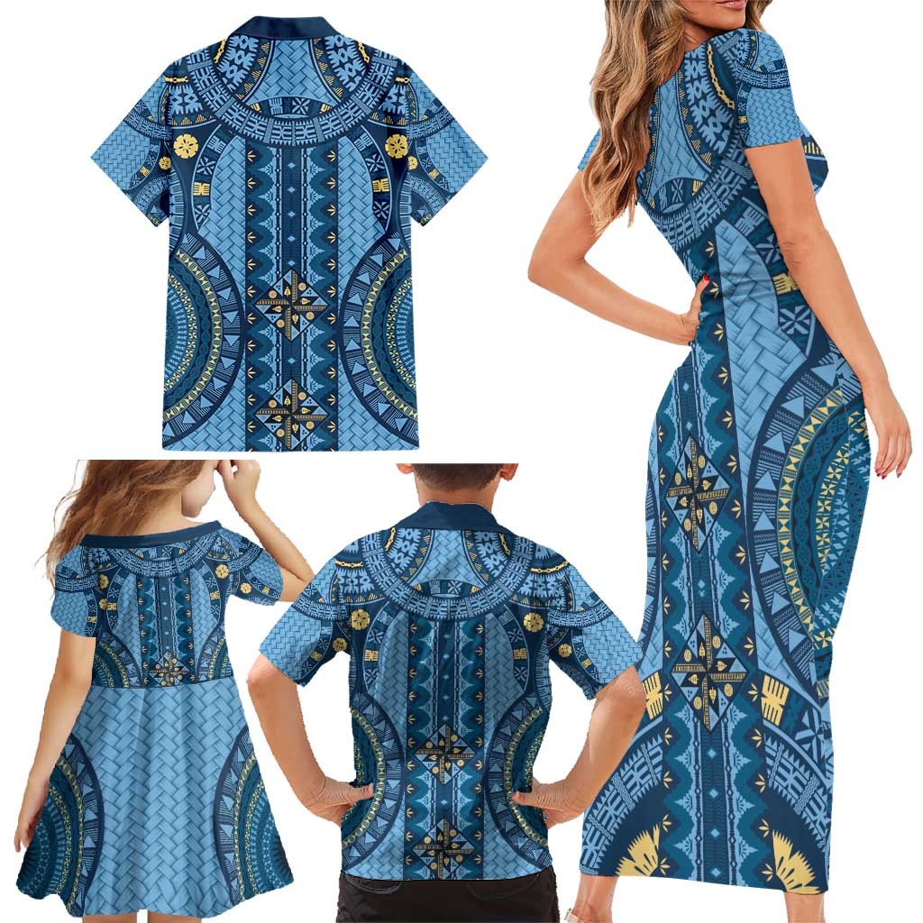 Bula Fiji Vintage Family Matching Short Sleeve Bodycon Dress and Hawaiian Shirt Prussian Blue Masi Motifs