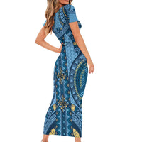 Bula Fiji Vintage Family Matching Short Sleeve Bodycon Dress and Hawaiian Shirt Prussian Blue Masi Motifs