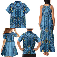 Bula Fiji Vintage Family Matching Tank Maxi Dress and Hawaiian Shirt Prussian Blue Masi Motifs