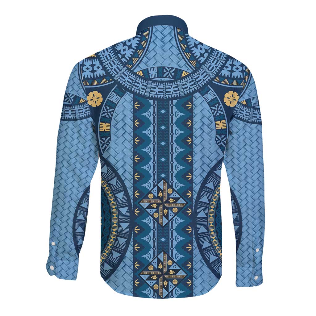 Bula Fiji Vintage Long Sleeve Button Shirt Prussian Blue Masi Motifs