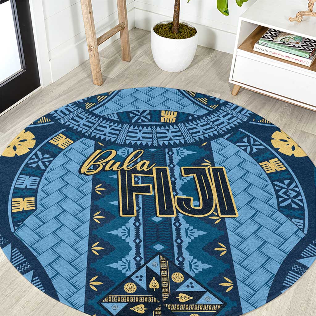 Bula Fiji Vintage Round Carpet Prussian Blue Masi Motifs