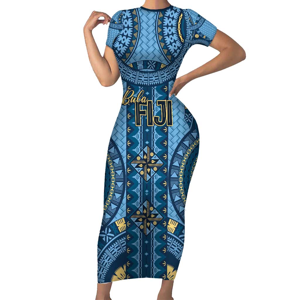 Bula Fiji Vintage Short Sleeve Bodycon Dress Prussian Blue Masi Motifs