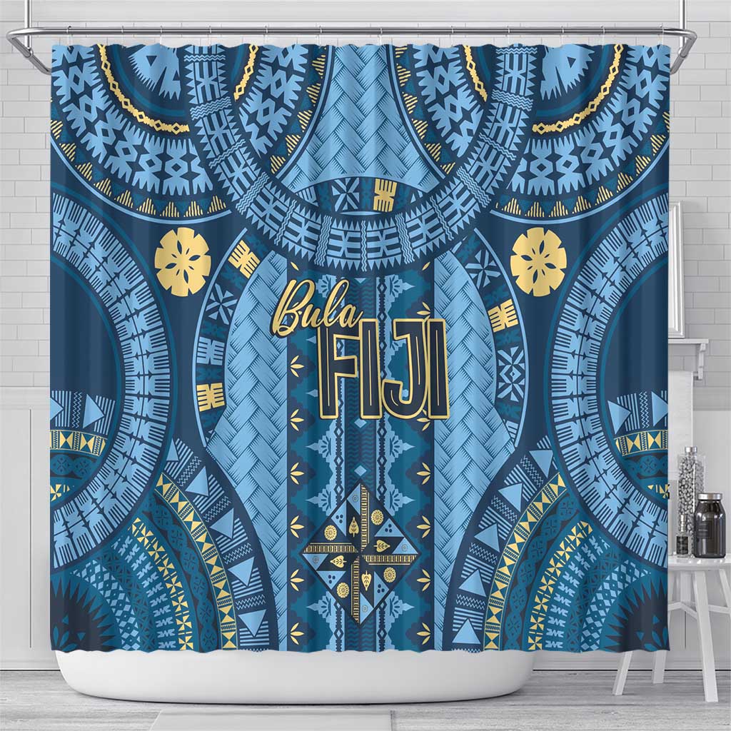 Bula Fiji Vintage Shower Curtain Prussian Blue Masi Motifs